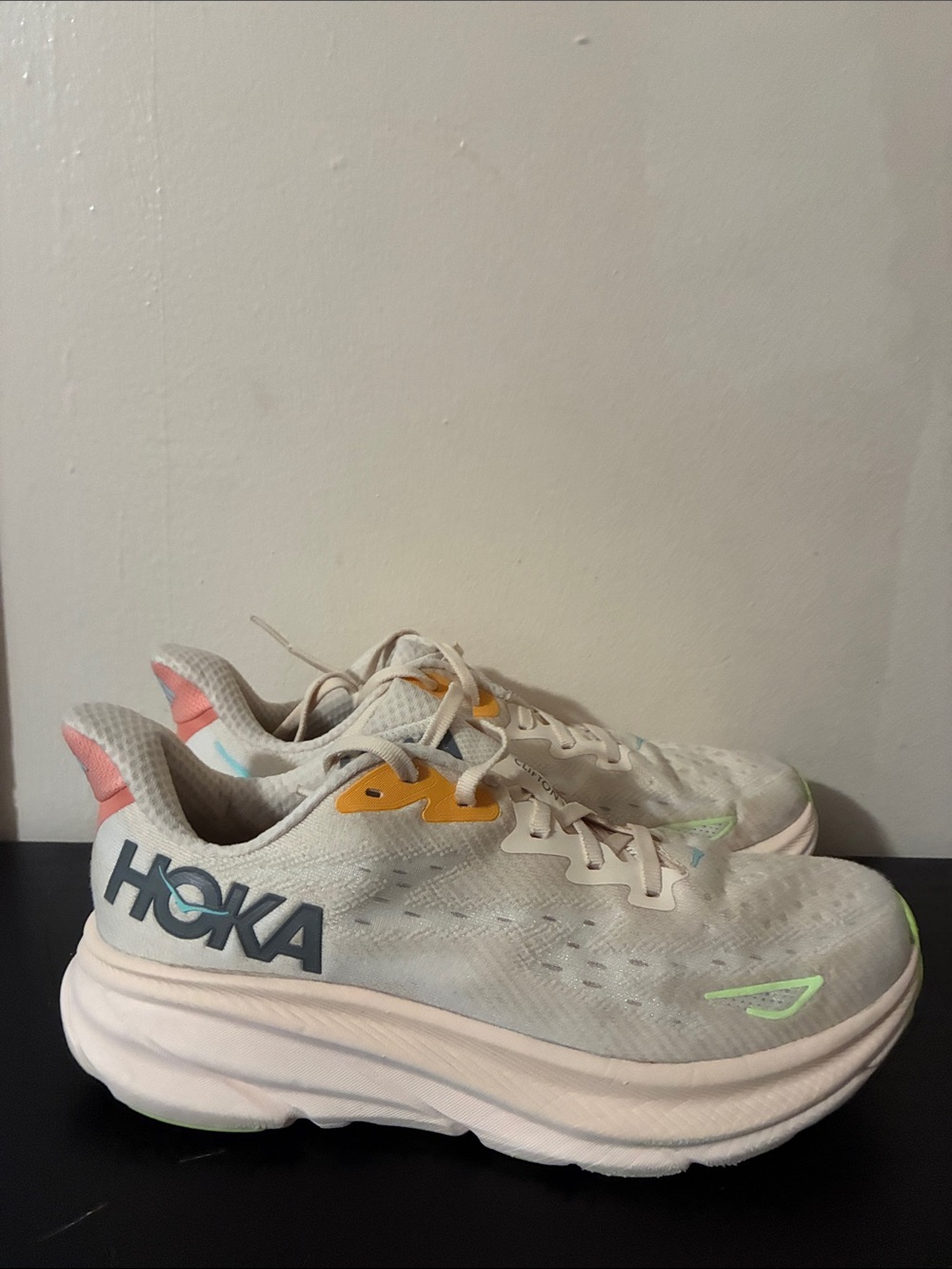 Hoka one Clifton 9 running shoes in the Vanilla/Astral colorway women’s size 9